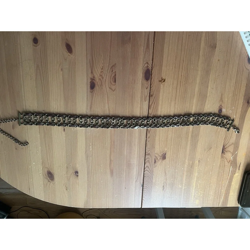 Vintage Brass & Brown Leather Chain Belt Adjustable Boho Hippie Festival 38